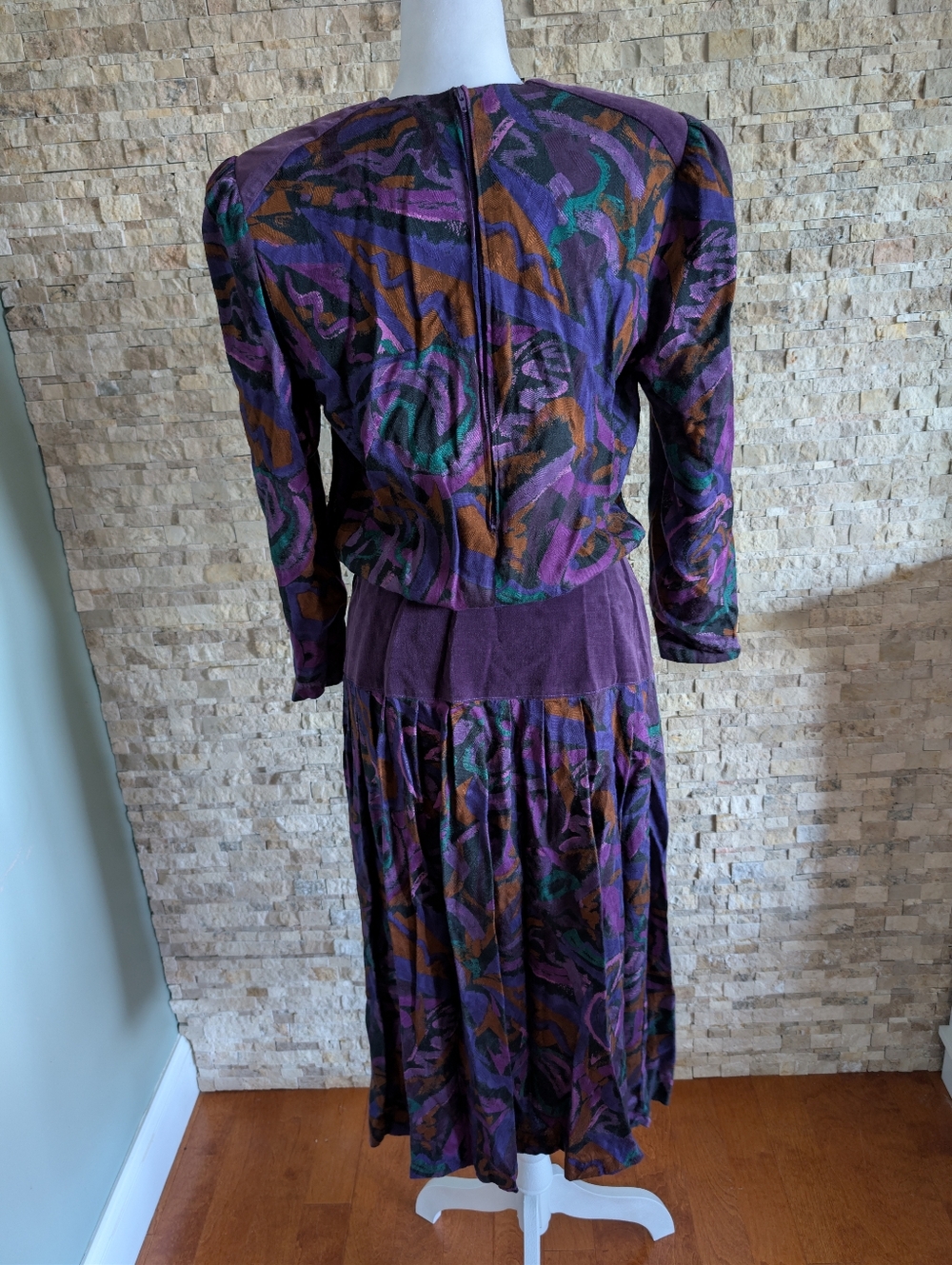 80s Abstract Geometric Print Midi Dress Purple Teal Rayon Wool Shoulder Pads M image 4